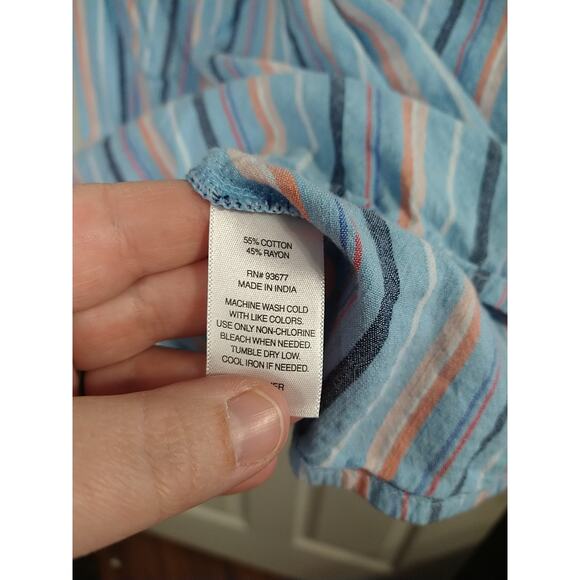 St Johns Bay Woman PXL Pullover Blouse V Neck Striped Blue Cap Sleeve Top - Picture 9 of 10